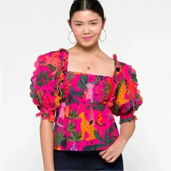 NWT FARM RIO POP LEOPARDS Short Sleeve Top BLOUSE Pink S - Picture 2 of 10